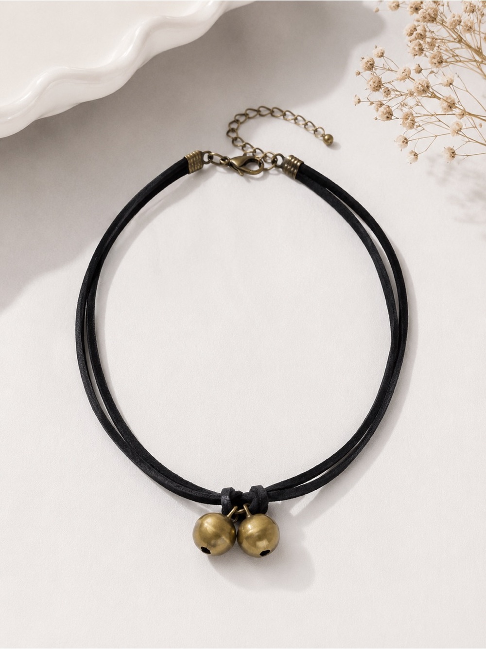 🖤 Black Suede Double Stranded Choker Necklace with Antique Gold Bells